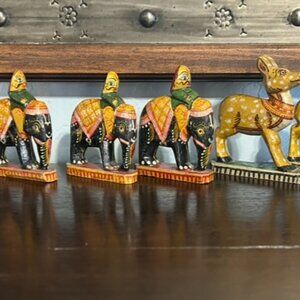 Set of Handcarved Wood Elephant with Rider (5) and Deer (3) Figurines from India